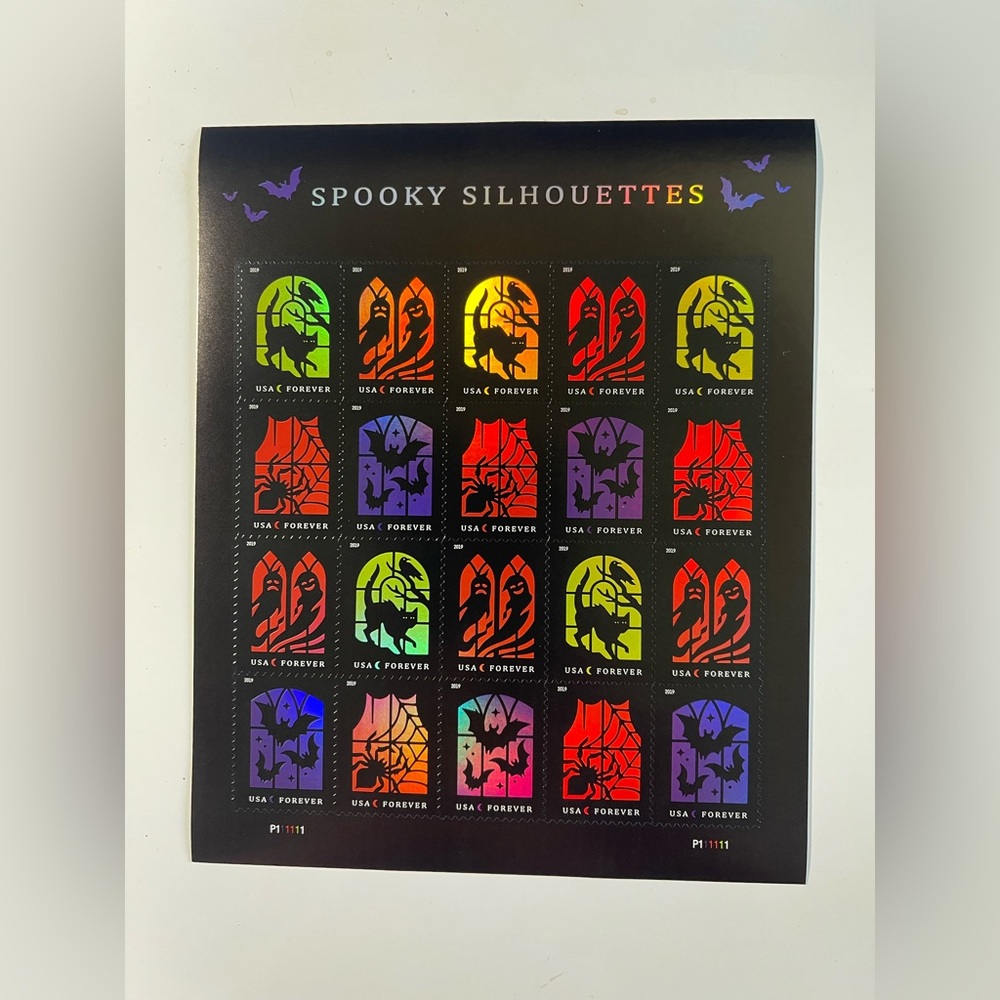 5 Sheets Spooky Silhouettes-100 Forever stamps.  Cats, Bats and Spiders, Oh My!